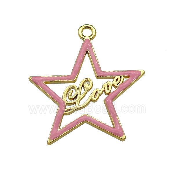 copper Star pendant with pink enamel, LOVE, gold plated
