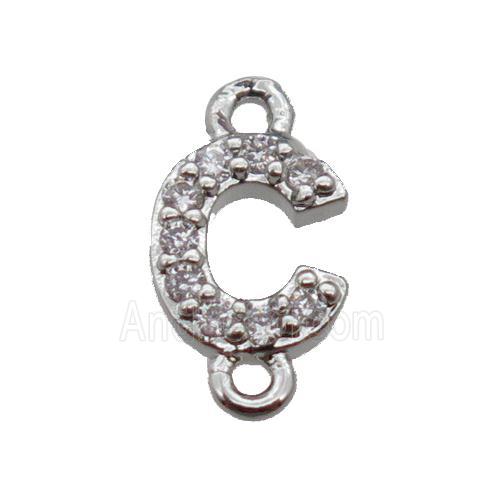 copper letter-C connector pave zircon, platinum plated