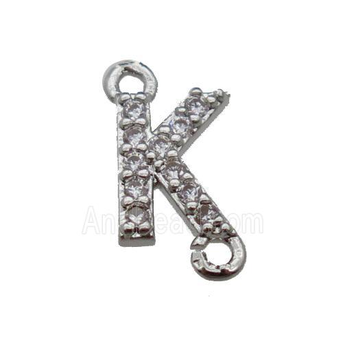 copper letter-K connector pave zircon, platinum plated