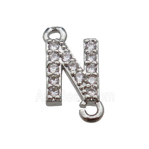 copper letter-N connector pave zircon, platinum plated