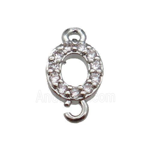 copper letter-O connector pave zircon, platinum plated