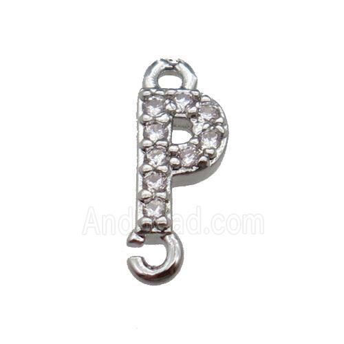 copper letter-P connector pave zircon, platinum plated