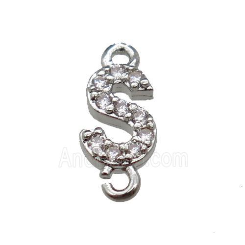 copper letter-S connector pave zircon, platinum plated