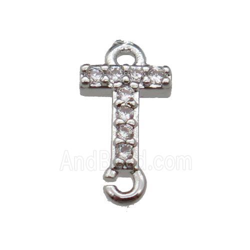 copper letter-T connector pave zircon, platinum plated