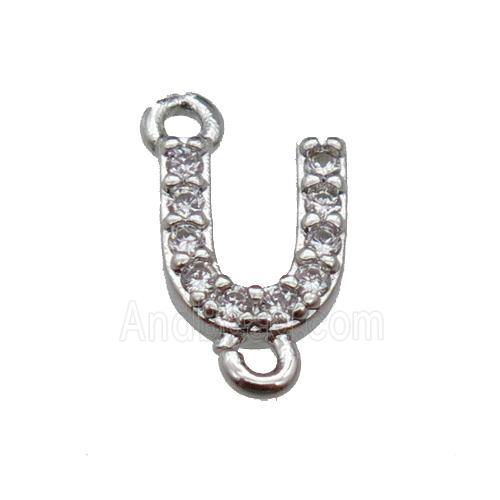 copper letter-U connector pave zircon, platinum plated