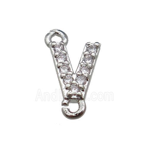 copper letter-V connector pave zircon, platinum plated