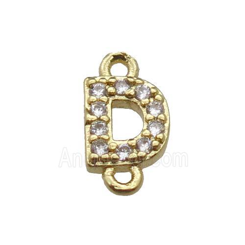 copper letter-D connector pave zircon, gold plated