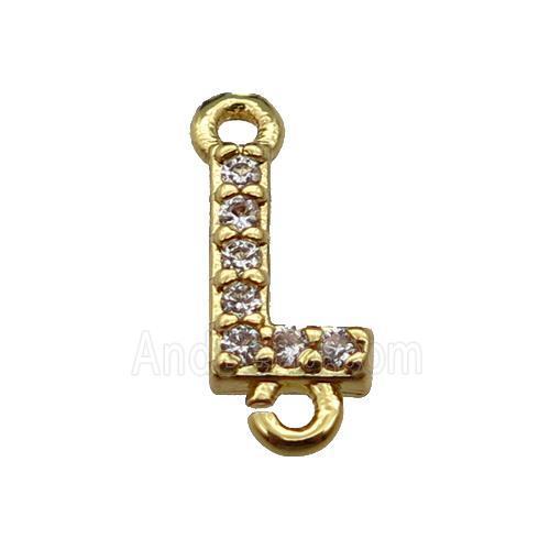 copper letter-L connector pave zircon, gold plated