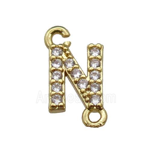 copper letter-N connector pave zircon, gold plated