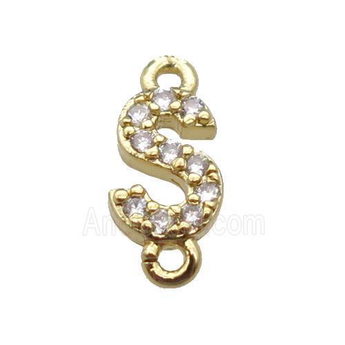 copper letter-S connector pave zircon, gold plated