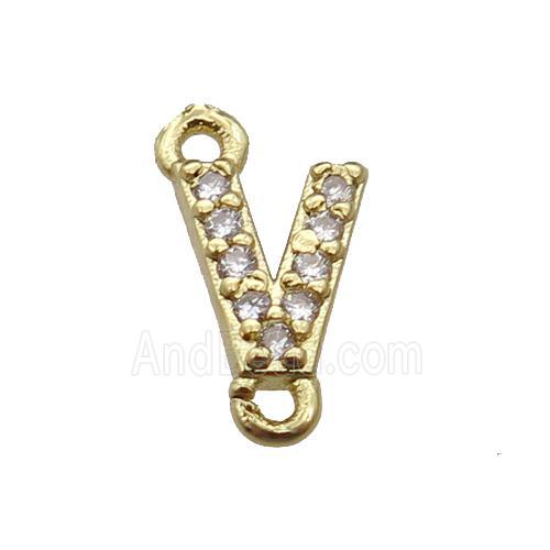 copper letter-V connector pave zircon, gold plated