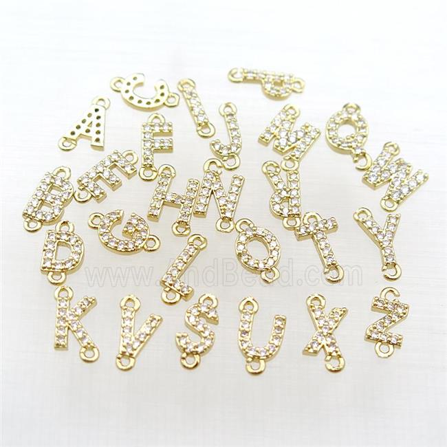 mix copper alphabet letter connector pave zircon, gold plated