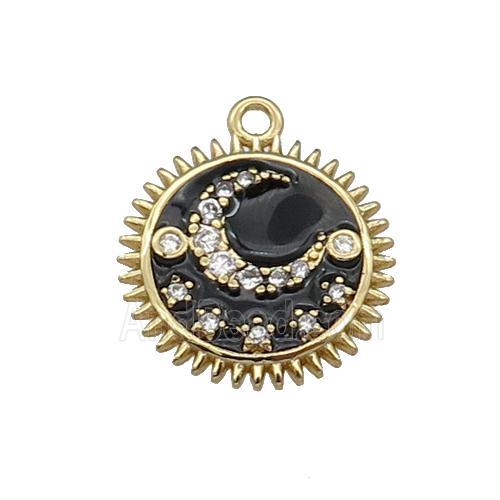 copper Sun moon pendant pave zircon, black enamel, gold plated