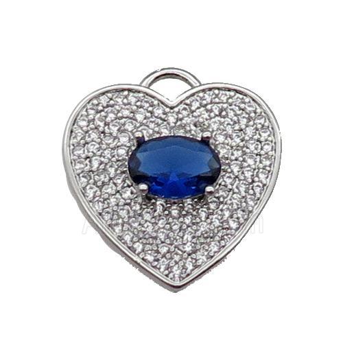 copper Heart pendant pave zircon, blue, platinum plated