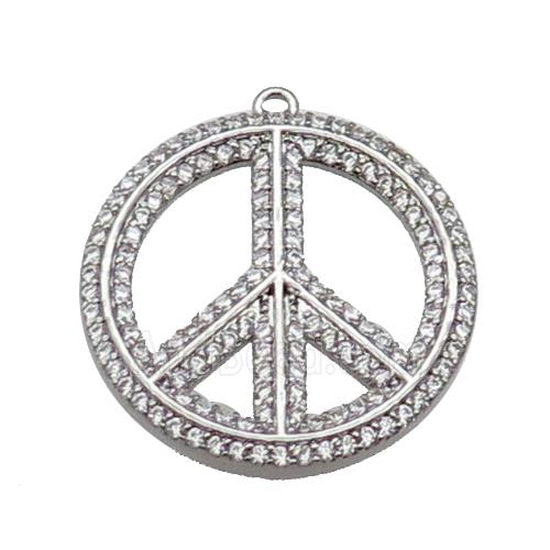copper Peace Sign pendant pave zircon, platinum plated
