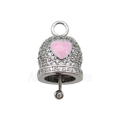 copper Bell pendant pave zircon, pink enamel, platinum plated