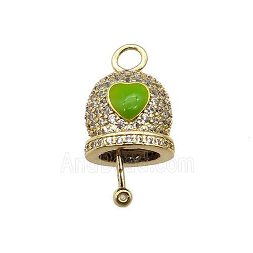 copper Bell pendant pave zircon, green enamel, gold plated