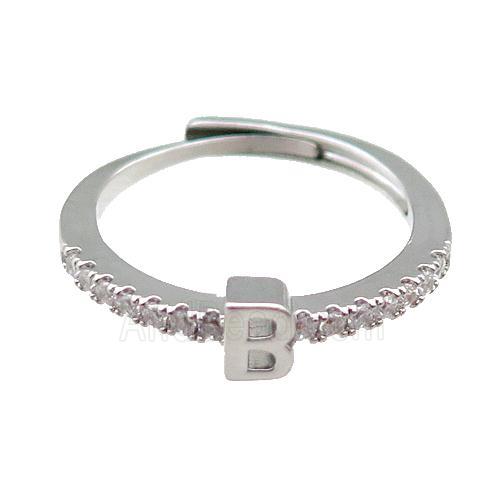 copper Ring pave zircon, letter-B, adjustable, platinum plated