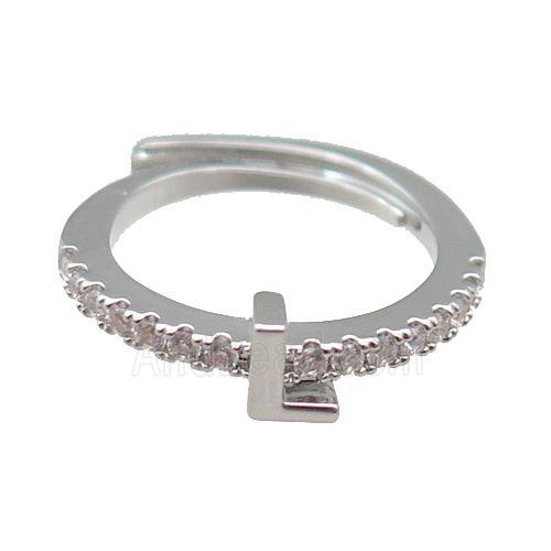 copper Ring pave zircon, letter-L, adjustable, platinum plated
