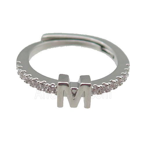 copper Ring pave zircon, letter-M, adjustable, platinum plated