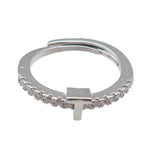 copper Ring pave zircon, letter-T, adjustable, platinum plated