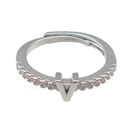 copper Ring pave zircon, letter-V, adjustable, platinum plated