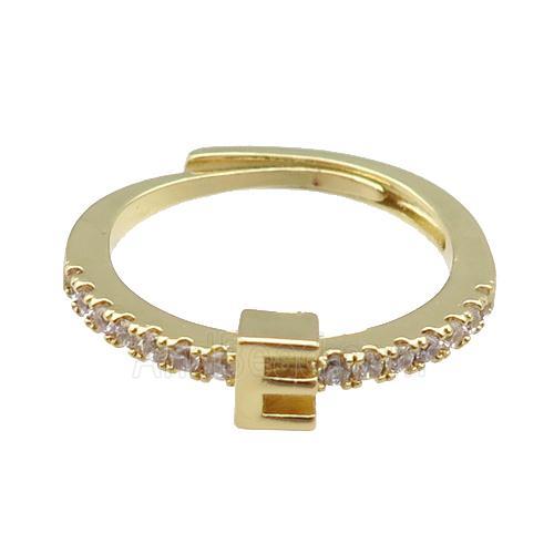 copper Ring pave zircon, letter-E, adjustable, gold plated