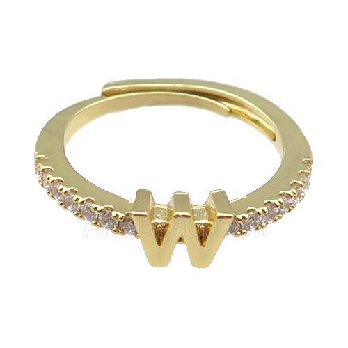 copper Ring pave zircon, letter-W, adjustable, gold plated