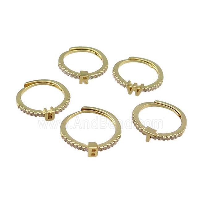 mix copper Ring pave zircon, alphabet letter, adjustable, gold plated
