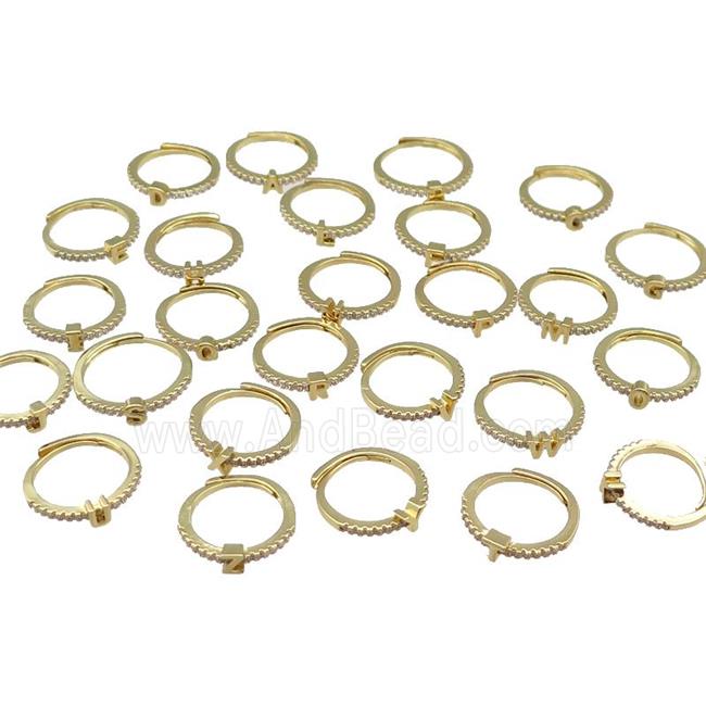 mix copper Ring pave zircon, alphabet letter, adjustable, gold plated