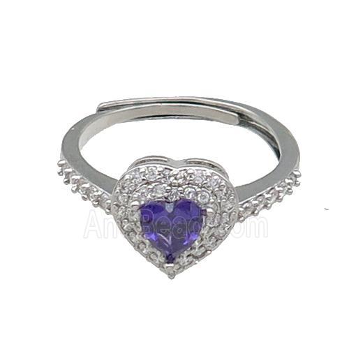 copper Heart Ring pave zircon purple adjustable platinum plated