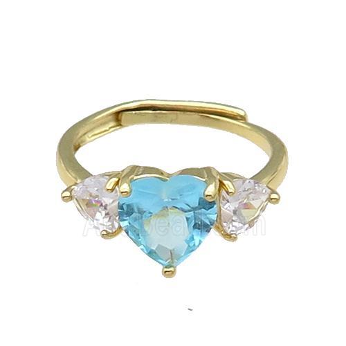 copper Heart Ring pave zircon aqua adjustable gold plated