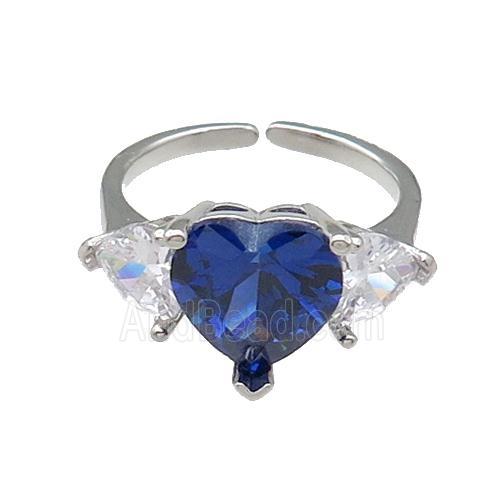 copper Heart Ring pave zircon blue adjustable platinum plated