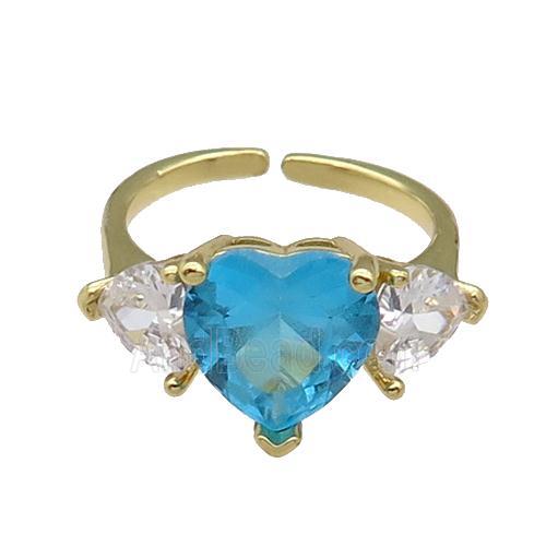 copper Heart Ring pave zircon aqua adjustable gold plated