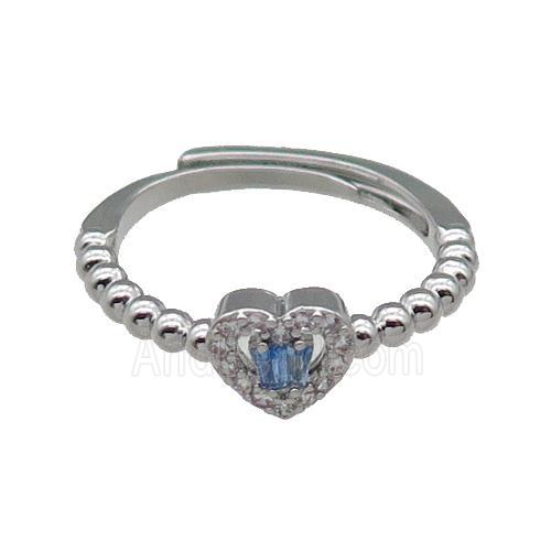 copper Heart Ring pave zircon blue adjustable platinum plated