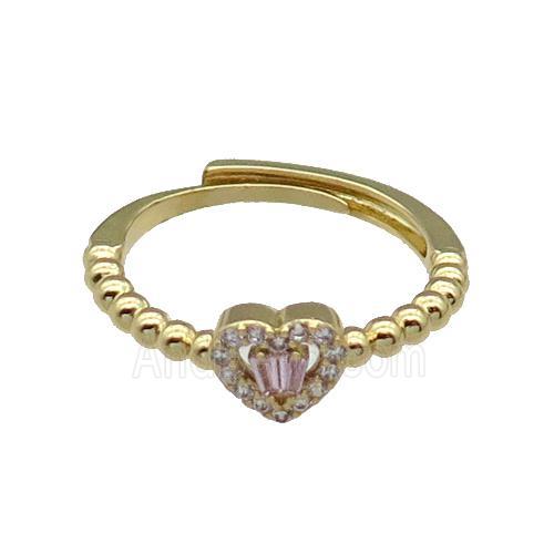 copper Heart Ring pave zircon pink adjustable gold plated