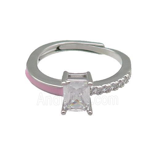 copper Ring pave zircon pink enamel rectangle adjustable platinum plated