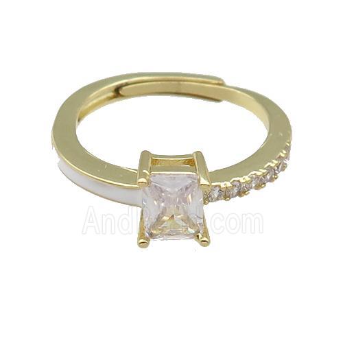 copper Ring pave zircon white enamel rectangle adjustable gold plated