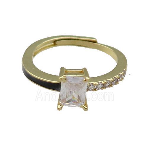 copper Ring pave zircon black enamel rectangle adjustable gold plated