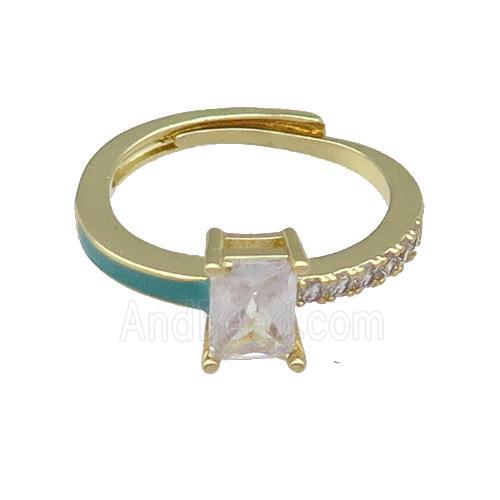 copper Ring pave zircon green enamel rectangle adjustable gold plated