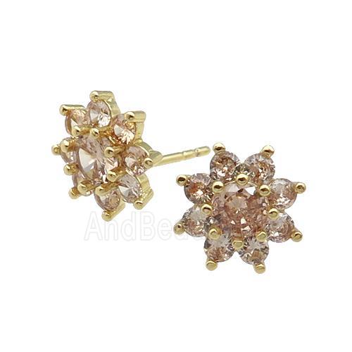 copper flower Stud Earring pave zircon champagne gold plated