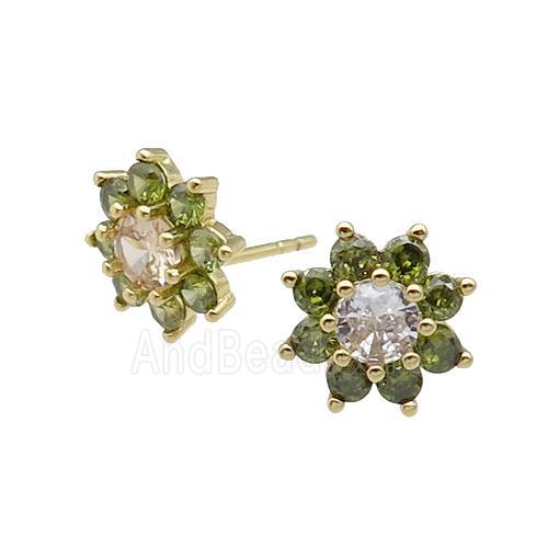 copper flower Stud Earring pave zircon olive gold plated