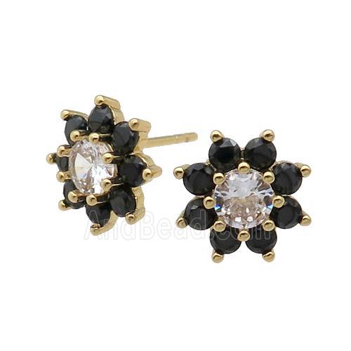 copper flower Stud Earring pave zircon black gold plated