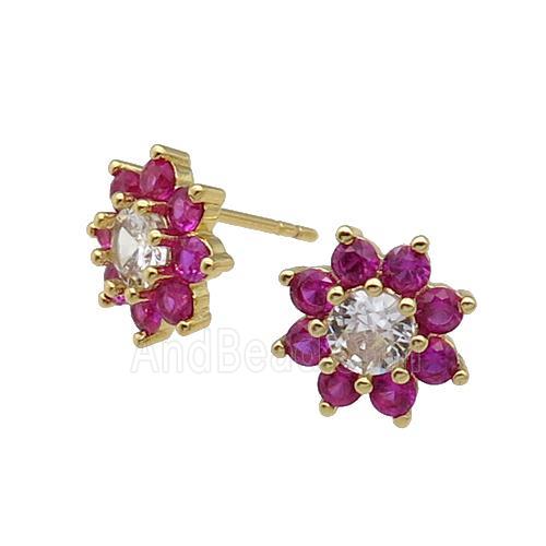 copper flower Stud Earring pave zircon hotpink gold plated