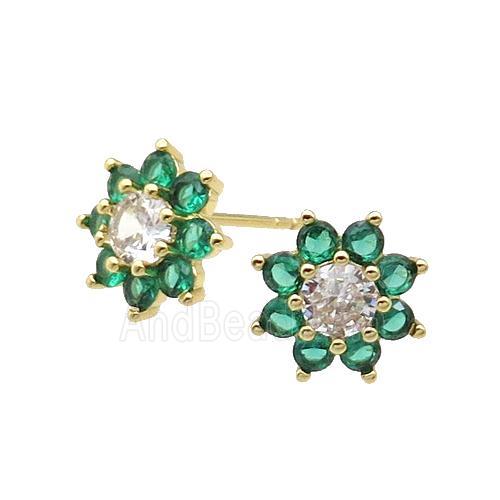 copper flower Stud Earring pave zircon green gold plated