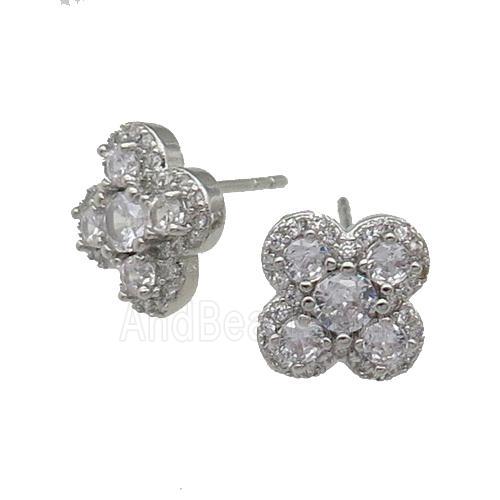 copper Clover Stud Earring pave zircon platinum plated