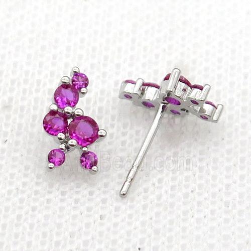copper Stud Earrings pave hotpink zircon platinum plated