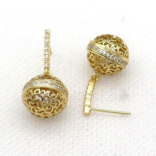 copper ball Stud Earring pave zircon hollow gold plated
