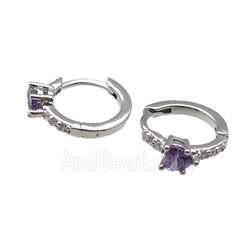 copper Hoop Earring pave zircon purple heart platinum plated