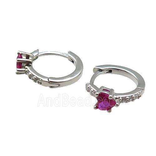 copper Hoop Earring pave zircon hotpink heart platinum plated